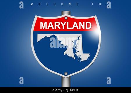 Maryland DC sulla strada statale segno su sfondo blu, rendering 3D Foto Stock