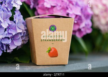 Wimbledon Strawberry box intorno ai campi ai Campionati 2022. Si tiene all'All England Lawn Tennis Club di Wimbledon. Foto Stock