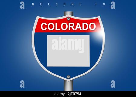 Colorado su strada statale segno su sfondo blu, rendering 3D Foto Stock