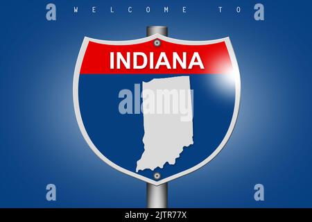 Indiana su strada statale segno su sfondo blu, rendering 3D Foto Stock