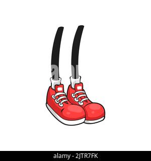 Gambe umane in skater rosso sportivo isolato fumetti fumetti piani. Vector urban teenager scarpe stile, running scarpe da jogging di carattere capretto. Stivali in gomma con lacci e punta in gomma bianca Illustrazione Vettoriale