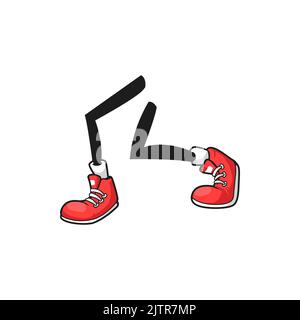 Coppia di fumetti in scarpe rosse, scarpe da ginnastica in gomma gambe da ballo isolate in stile cartoon. Simbolo vettoriale dei piedi, della corsa e della palestra in stile urbano. Divertenti gambe di carattere atletico, sneaker con lacci bianchi e suola Illustrazione Vettoriale