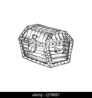 Antico petto con tesori isolato retro mistero caso icona di schizzo monocromatico. Vector chiuso cassettiera con lucchetto, vecchio oggetto di mobili misterioso asset con gioielli, ui gioco elemento di design cassa in legno Illustrazione Vettoriale