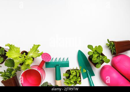 Lavori in giardino. Attrezzi e piante in vaso sul tavolo. Foto Stock