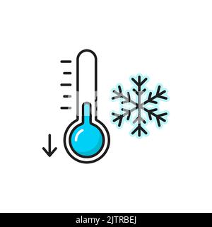 Icona del contorno del colore delle previsioni meteorologiche, pittogramma vettoriale della temperatura fredda e del termometro. Icona delle previsioni meteo per le basse temperature e le basse temperature invernali per l'app Illustrazione Vettoriale