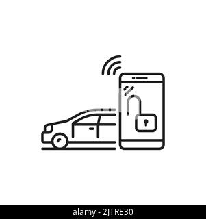 Chiusura automatica o apertura della porta in auto tramite smartphone icona lineare dell'applicazione di chiusura intelligente isolata. Chiudere auto, tecnologia nfc del telefono Illustrazione Vettoriale