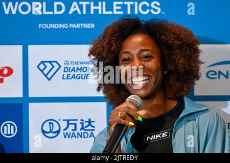 Bruxelles, Belgio. 01st Set, 2022. Shelly-Ann Fraser-Pryce, in Giamaica, ha illustrato durante una conferenza stampa in vista dell'evento di atletica della Memorial Van Damme Diamond League, che si terrà a Bruxelles giovedì 01 settembre 2022. La riunione della Diamond League si svolge il 02 settembre. FOTO DI BELGA DIRK WAEM Credit: Agenzia Notizie di Belga/Alamy Live News Foto Stock