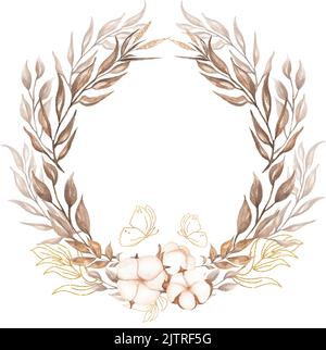 Erbe essiccate e bouquet di cotone in acquerello. Foglie secche rametto con farfalla dorata, bordo floreale. Illustrazione boho botanica. Wedd Foto Stock