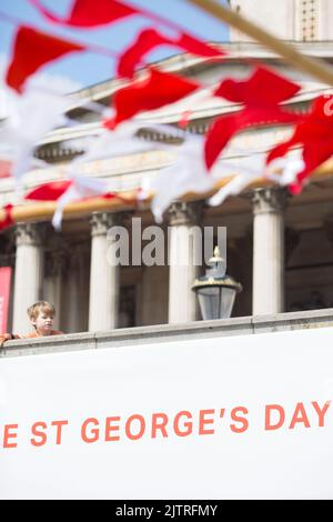 Uno spettatore è visto dietro le decorazioni mentre le persone si riuniscono per le celebrazioni del giorno di San Giorgio a Trafalgar Square, nel centro di Londra. Foto Stock