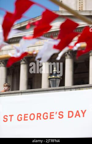 Uno spettatore è visto dietro le decorazioni mentre le persone si riuniscono per le celebrazioni del giorno di San Giorgio a Trafalgar Square, nel centro di Londra. Foto Stock