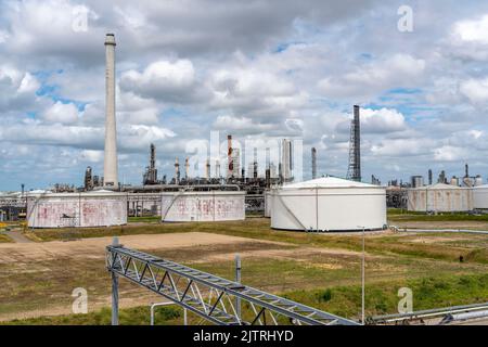 La raffineria Shell Pernis, la più grande raffineria in Europa, impianti di produzione, logistica e serbatoi, produzione di vari prodotti petroliferi, come la benzina Foto Stock