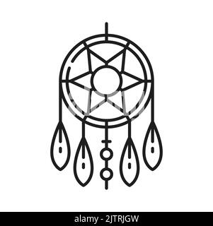 Indiani nativi americani decorazione isolata dreamcatcher contorno icona. Oggetto d'arte etnica vettoriale, boho Dream catcher chic linea d'arte design. Piccolo cerchio con maglia di crine, simbolo zingaro tribale delle piume Illustrazione Vettoriale