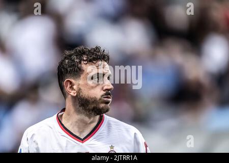 Alessandro Florenzi (Milano) In occasione della 'Serie A' italiana tra Sassuolo 0-0 Milano allo Stadio Mapei il 30 agosto 2022 a Reggio Emilia. (Foto di Maurizio Borsari/AFLO) Foto Stock