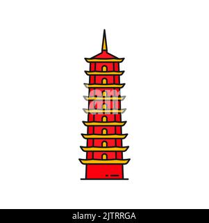 Tempio buddista il monastero dei diecimila Buddha icona rossa isolato edificio. Vector China architettura torre, punto di riferimento asiatico a Hong Kong Illustrazione Vettoriale