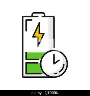 Batteria dell'auto elettrica scarica, icona di colore isolato del tempo di carica del veicolo ibrido. Carica della batteria debole del vettore, segnale di bollo o lampeggio, ricarica rapida del veicolo elettrico Illustrazione Vettoriale