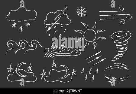 Set di illustrazioni vettoriali di doodles meteo. I bambini come icone di disegno del sole, della nube, della pioggia, della luna con le nubi e le stelle, del tornado, del tuono, del fiocco di neve Illustrazione Vettoriale