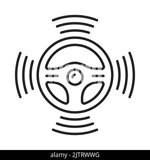 Icona auto e veicolo senza conducente, tecnologia automatica intelligente con guida automatica, linea vettoriale. Sterzo per auto senza conducente, simbolo della ruota con sensori autonomi, auto senza conducente elettrico e trasporto intelligente Illustrazione Vettoriale