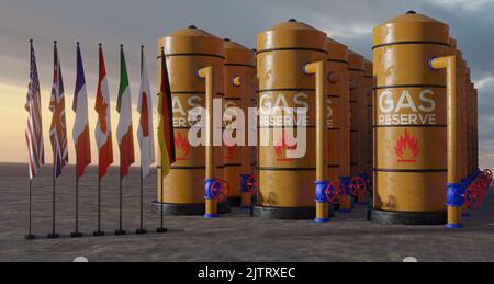 G7 paesi contro il gas russo, bandiere di G7 paesi, riserva di gas russo, 3D lavoro e 3D illustrazione Foto Stock