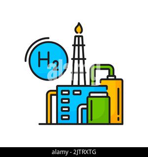 Idrogeno, energia a combustibile verde e centrale o fabbrica di produzione di H2, icona a colori vettoriali. Industria dell'elettrolisi a celle di idrogeno o ossigeno, simbolo lineare del rifornimento di gas o stazione chimica Illustrazione Vettoriale