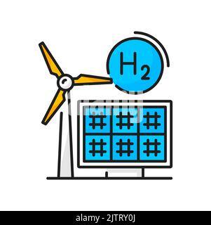 Icona di colore idrogeno, energia solare H2 e energia elettrica mulino a vento, simbolo della linea vettoriale. Tecnologia di elettrolisi a celle di idrogeno o ossigeno, fonti di energia elettrica verde rinnovabile di pannelli solari e mulino a vento Illustrazione Vettoriale