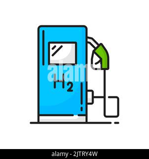 Idrogeno, H2 stazione di servizio auto, icona verde di energia o simbolo di linea vettoriale. Energia a idrogeno e tecnologia per la produzione di elettricità per il settore dei trasporti e dell'industria automobilistica, icona lineare delle energie rinnovabili Illustrazione Vettoriale