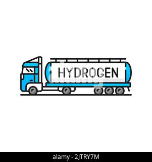 Icona colore camion cisterna idrogeno, produzione di energia verde H2, simbolo lineare vettoriale. Produzione di idrogeno e serbatoio di stoccaggio o cisterna camion di gas impianto di rifornimento o stazione chimica Illustrazione Vettoriale