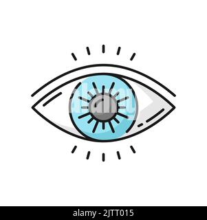 Icona dell'occhio, oftalmologia, optometria e simbolo della linea vettoriale della chirurgia laser. Visione sana e correzione della vista con chirurgia lasik, medicina oftalmologica e pittogramma lineare in vetro ottico Illustrazione Vettoriale