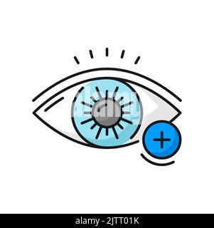 Iperopia dell'occhio, difetto della vista o lungimiranza, disordine di oftalmologia vettoriale. Iperopia occhio con simbolo più diottria, optometria esame del foropter della vista lunga o disturbo della visione oculare Illustrazione Vettoriale