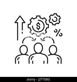 Denaro e tre persone aziendali per il programma partner o la rete di referrals, icona di contorno isolato. Vettore di vendita della filiale, gruppo di gente e segno di soldi Illustrazione Vettoriale