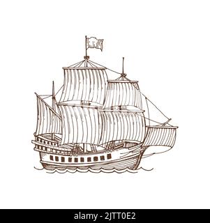 Brigantine vintage barca a vela con tela isolata icona schizzo. Barca d'epoca icona, nave marinara sul mare o onde oceaniche. pirata barca a vela con tela Illustrazione Vettoriale