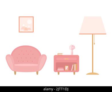Comoda poltrona rosa e comodino. Su sfondo bianco. Concetto di interni domestici. Illustrazione vettoriale. Cartone animato stile piatto Illustrazione Vettoriale
