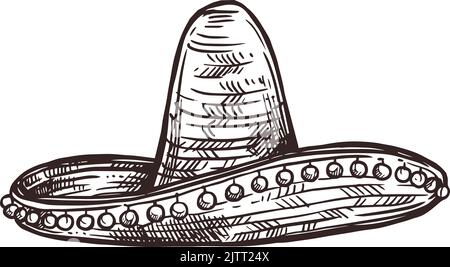 Cappello sombrero messicano, cappello festa Messico, disegno vettoriale a mano. Cinco de Mayo o 5 maggio celebrazione, tradizionale cappello messicano sombrero con ornamento schizzo Illustrazione Vettoriale