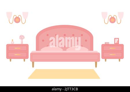 Accogliente camera da letto rosa su sfondo bianco. Concetto di interni domestici. Illustrazione vettoriale, stile piano Cartoon Illustrazione Vettoriale