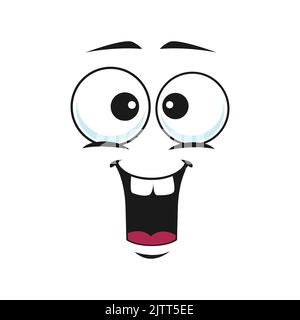 Buon volto di cartone animato con ampio sorriso, emoji facciali eccitati vettore. Emozione divertente, volto comico con bocca sorridente e toothy occhi rotondi isolati su sfondo bianco Illustrazione Vettoriale