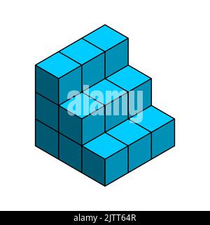 3D scale a cubetti. Scala blu con contorno. Forma geometrica. Proiezione isometrica. Elemento di progettazione. Modello infografico. Concetto ascendente. Illustrazione Vettoriale