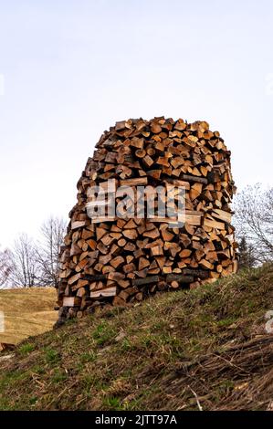 Legna da ardere tagliata per accendere e riscaldare la casa. Pila di legna da ardere, accatastata in un cerchio, un pozzo. Raccolta del legname. Aree rurali. Foto Stock