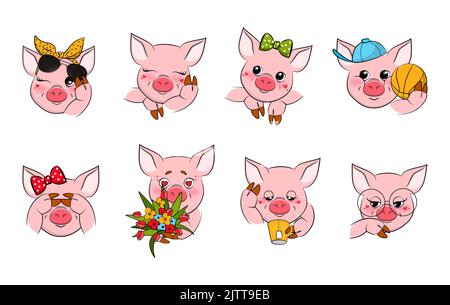 Set di espressioni simpatiche e divertenti per le facce di maiale. Illustrazione vettoriale. Illustrazione Vettoriale