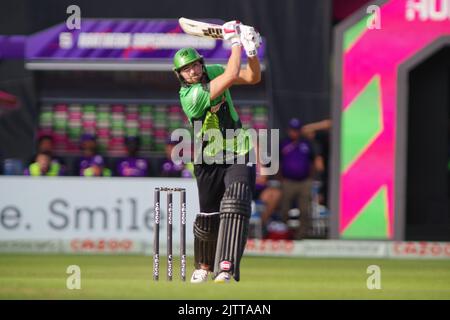 Leeds, Inghilterra, 31 agosto 2022. Tim David battendo per i Southern Brave Men contro i Northern Superchargers Men in the Hundred a Headingley. Credito: Colin Edwards Foto Stock