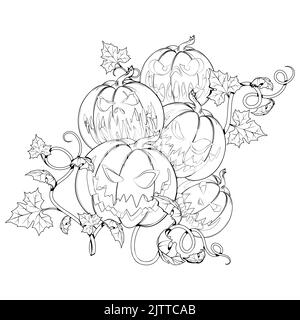 Cinque zucche con volti divertenti per Halloween. Illustrazione nera. Illustrazione Vettoriale