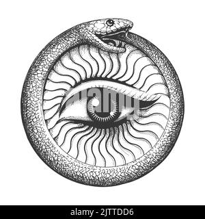 Tatuaggio di serpente di Ouroboros con occhio dentro simbolo esoterico isolato su bianco. Illustrazione vettoriale Illustrazione Vettoriale