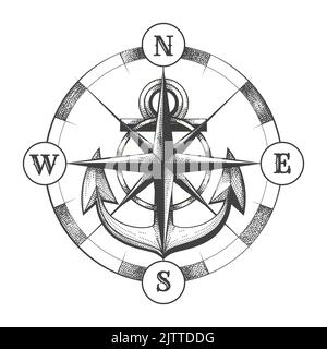 Tatuaggio di Wind Rose e ancora nave isolato su bianco. Illustrazione vettoriale Illustrazione Vettoriale