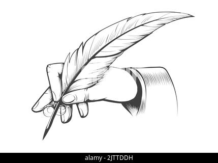 La mano tiene una penna Quill Feather disegnata in stile incisione isolata su bianco. Illustrazione vettoriale Illustrazione Vettoriale
