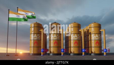 Riserva di gas dell'India, riserva di deposito di gas dell'India, serbatoio di gas naturale India con bandiera India, sanzione sul gas, 3D lavoro e 3D immagine Foto Stock