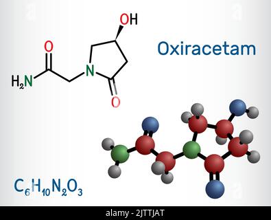 Molecola di Oxiracetam. Si tratta di un farmaco nootropico della famiglia racetam, molto lieve stimolante. Formula chimica strutturale e modello di molecola. Vettore illu Illustrazione Vettoriale