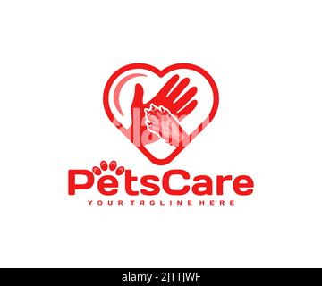 Mano umana e zampa del cane nel cuore, logo design. PET shelter, cura degli animali e animali, disegno vettoriale e illustrazione Illustrazione Vettoriale