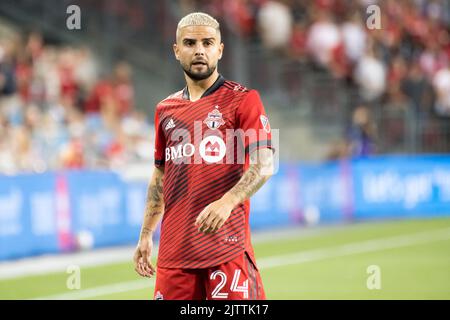 Toronto, Canada. 31st ago, 2022. Lorenzo Insigne (24) in azione durante la partita MLS tra il Toronto FC e LA Galaxy al BMO Field di Toronto. Il gioco è terminato nel 2-2 (Foto di Angel Marchini/SOPA Images/Sipa USA) Credit: Sipa USA/Alamy Live News Foto Stock