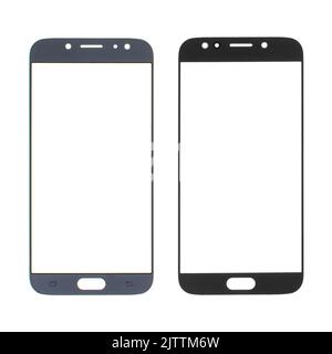 touchscreen in vetro per telefono, parte di ricambio per telefono, vista da due lati su uno sfondo bianco isolato Foto Stock