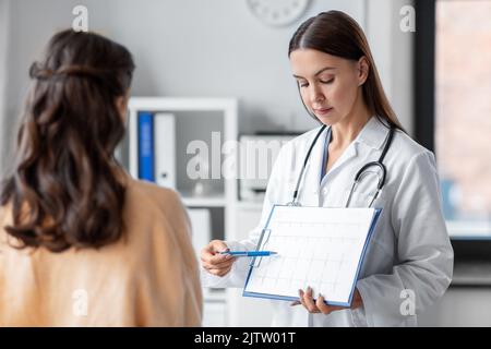 medico che mostra il cardiogramma a una donna in ospedale Foto Stock