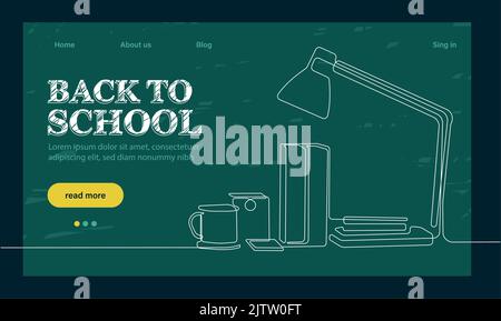 Modello di landing page con globo, occhiali e stack di libri di testo.modello di landing page di ritorno a scuola. Delineare il banner Web su sfondo bianco. Illustrazione del contorno vettoriale. Pagina del sito Web del concetto. Illustrazione Vettoriale