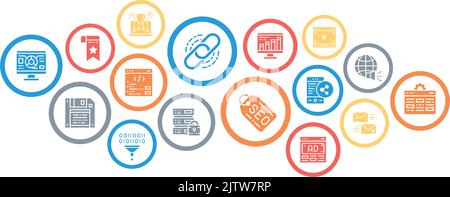 SEO business illustrazione. Banner icone promozione Segnalibro, Hosting, collegamento ipertestuale, Pubblicità, trasferimento dati vettoriali. Modello di layout banner Web. Illustrazione Vettoriale